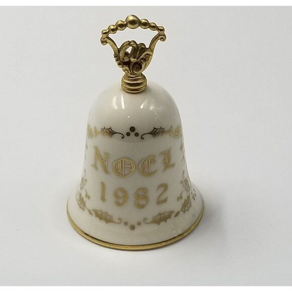 Currier Ives 1982 Porcelain Bell Norman Rockwell White 22 KT Gold Xmas Vintage - Picture 3 of 8